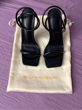 Black Strappy Square-Toe Heeled Sandals